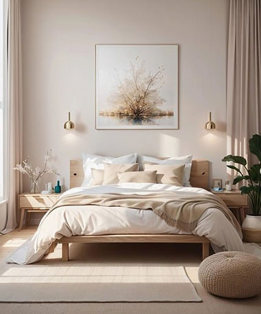 Comfortable, elegant bedroom in beige tones