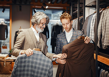 retired man shopping for a suit with a salesman